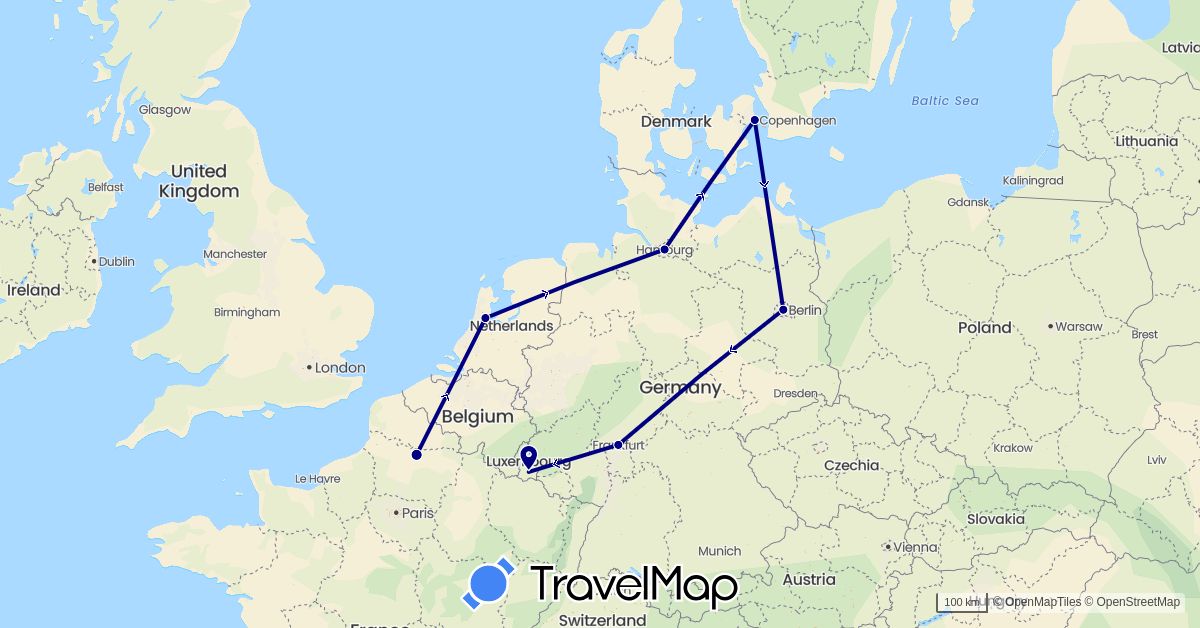 TravelMap itinerary: driving in Germany, Denmark, France, Luxembourg, Netherlands (Europe)